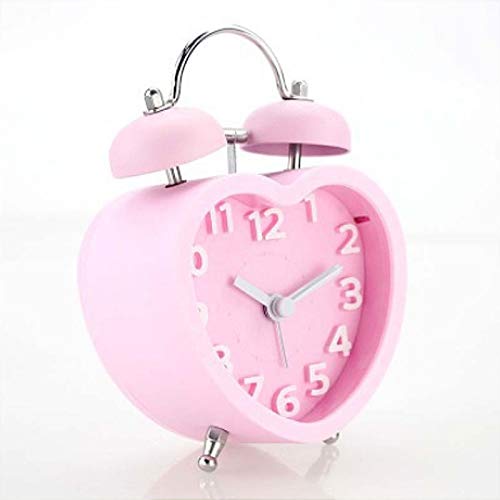3in 3D Dial Loud Twin Bell Alarm Clock Silent Analog Quartz Nightlight Clock Heart Shape Pink