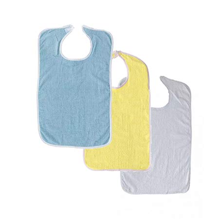 3 Terry Adult Bib with Velcro Closure (Blue, Yellow, Wh