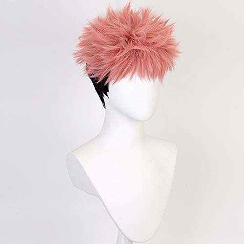 Anime Yuji Itadori Cosplay Wig and Tattoo Sticker Pink Mixed Black Short Curly Party Hair Halloween Props Accessory for adult