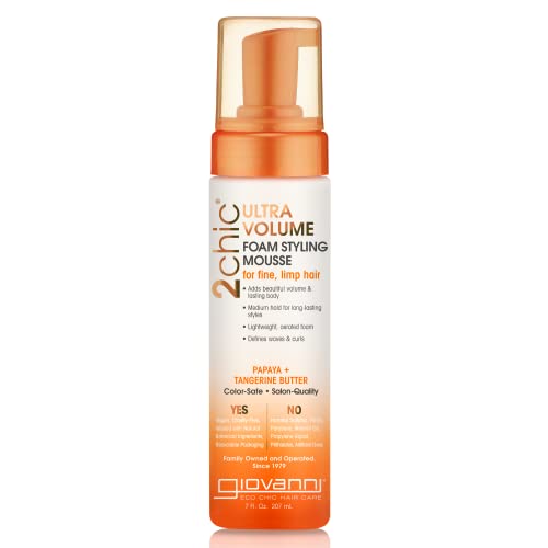2chic Ultra-Volume Foam Styling Mousse - Daily Volumizing Formula with Papaya & Tangerine Butter, Promotes Weightless Control for Fine Limp Thin Hair, No Parabens, Color Safe - 7 oz