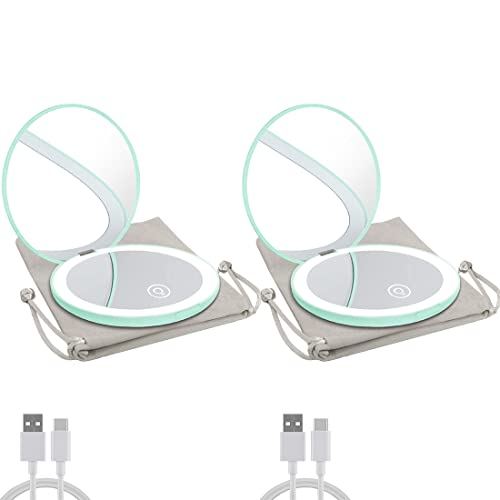 Compact Mirror with LED Light,1x/10x Magnifying Rechargeable Mirror,3.5in, Dimmable Travel Mirror for Purse,Pocket,Handheld 2-Sided Makeup Mirror