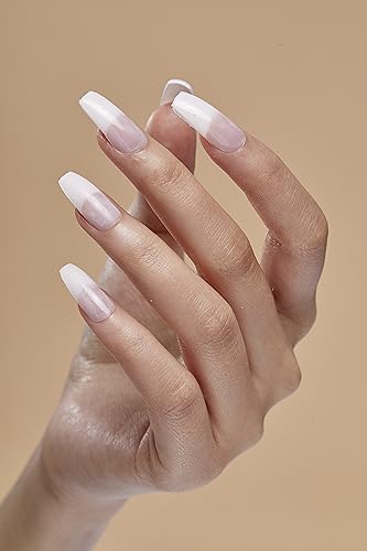 Salon Acrylic French Manicure Set, ‘Leilani’, Medium Length, Nude Square Press-On Nails, Includes Pink Gel Nail Glue 0.07 Oz, Mini Nail File, Manicure Stick, and 28 Fake Nails, 31 Piece Set