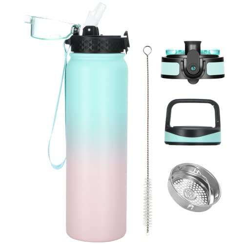 Oldley Insulated Water Bottle 32oz Water Bottles with Straw, Stainless Steel Water Bottle with 3 Lids, Double Wall Vacuum Bottles for Adults, Leak-proof Sports Bottles for School Travel,Green-Pink