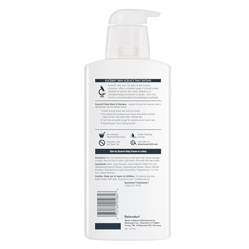 Eucerin Baby Wash & Shampoo - 2 in 1 Tear Free Formula, Hypoallergenic & Fragrance Free, Nourish and Soothe Sensitive Skin - 13.5 Fl Oz (Pack of 3)