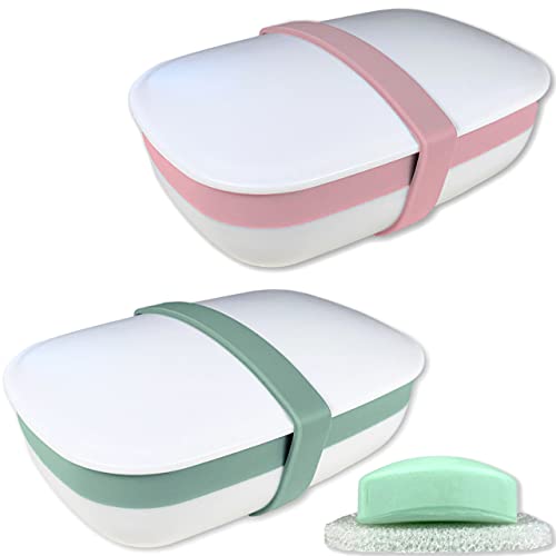 2Pack Travel Soap Holders, Soap Bar Box Dish Container Case, with Sponge Saver&amp; Band, for Gym, Travel (Pink &amp; Green)