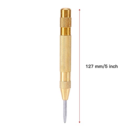 SemiAutomatic Center Punch, 5 inch Brass Spring Loaded Center Hole Punch Hand Tool with Adjustable Tension for Metal or Wood
