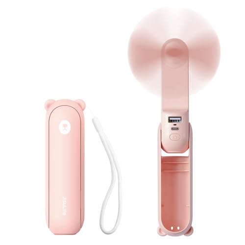 Handheld Mini Fan, 3 IN 1 USB Rechargeable Portable Fan [12-19 Working Hours] with Power Bank, Flashlight, Pocket Design for Travel/Summer/Concerts/Lash, Gifts for Women (Pink)