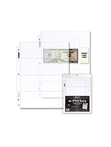 Pro 4-Pocket Currency Sleeves Pages -20 ct | Fits 6 1/2 x 2 Bills | 1½ x 2¾ Label Pocket for Each Bill | Acid-Free, Archival Quality | Fits Standard 3-Ring Binders | High-Clarity Polypropylene