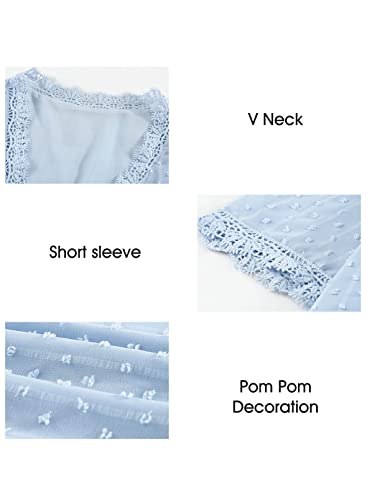 Womens Cute Tops Summer Chiffon Blouse Short Sleeve Pom Pom Jacquard Shirt Sky Blue XX-Large