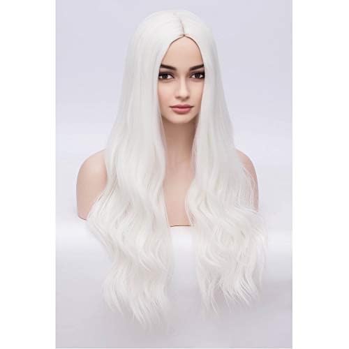 28' Women Girls Long Wavy Synthetic Wigs for Costume Play Party with Wig Cap (White)