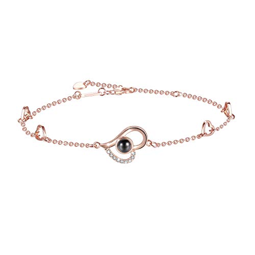 Women Love Heart Projection Bracelet or Anklet Jewelry, 925 Sterling Silver Memory of Love Bracelet or Anklet - 100 Different Languages for I Love You (Rose Gold Anklet/Large Bracelet)