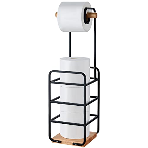 Toilet Paper Holder, Toilet Paper Holder Stand with Wood Base, Toilet Paper Storage with Reserve Fits Jumbo Roll