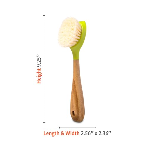 Be Good Bamboo Handle Dish Brush – Sustainable Kitchen Cleaning with Tough Bristles - Natural Dish Scrubber &amp; Cast Iron Cleaner - Long Handle Brush for Dishes, Pots, and Pans, Green