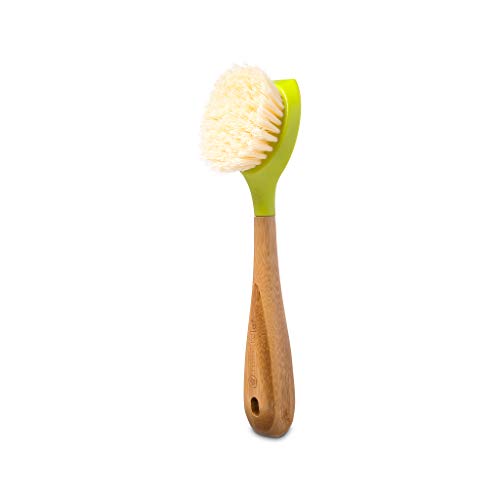 Be Good Bamboo Handle Dish Brush – Sustainable Kitchen Cleaning with Tough Bristles - Natural Dish Scrubber &amp; Cast Iron Cleaner - Long Handle Brush for Dishes, Pots, and Pans, Green