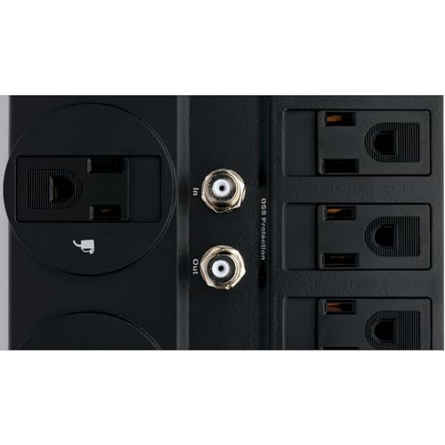 TLP1208TELTV 12 Outlet Surge Protector Power Strip, 8ft Cord, Right-Angle Plug, Tel/Modem/Coax Protection, RJ11, &amp; Dollar 150,000 Insurance Black