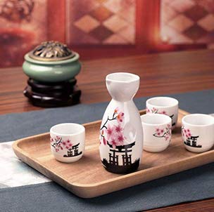 Japanese Sake Set, 1 Tokkuri Bottle &amp; 4 Ochoko Cups, Spring Blossoms Ceramic Sake Set Microwave and Dishwasher Safe