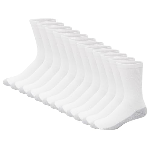 Mens Double Tough Socks, 12-pair Pack Crew Socks, White/Grey Foot Bottom, 6-12