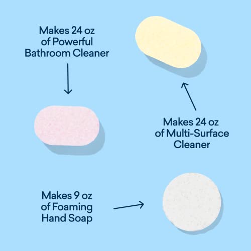 Clean Home Kit (3 Reusable Bottles + 3 Tablet Refills) Natural All Purpose Cleaner for Kitchen and Counters, Bathroom Cleaner for Shower and Sink, and Foaming Hand Soap