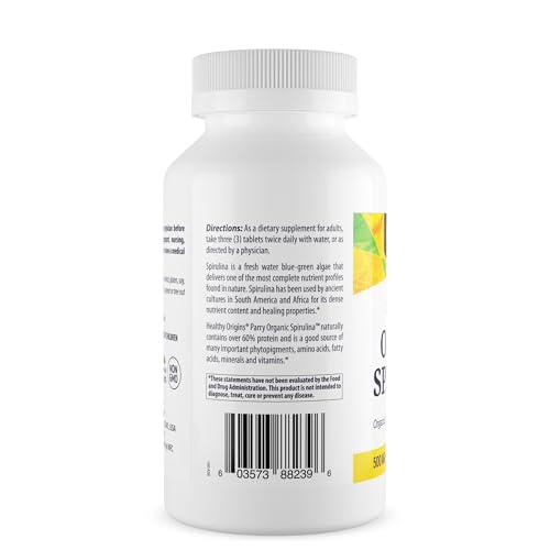Spirulina, 500 mg (Organic) - Organic Spirulina Tablet with Vitamin A &amp; Vitamin B12 - Kosher Certified - Vegan, Non-GMO, and Gluten-Free Spirulina Pill - 720 Tablets