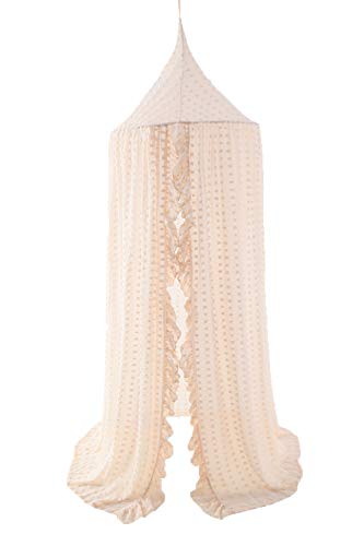 Elegant Kids Bed Canopy - Lace Chiffon Netting with Pom Pom, Princess Girls Fairy Dream Tent, Nursery Room Baby Crib Hanging Curtain Mosquito Net Children Reading Nook Decoration (Beige)