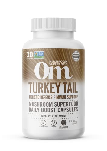Om Mushroom Superfood Turkey Tail Mushroom Capsules Superfood Supplement, 90 Count, 30 Days, Immune Support, Polysacchrides, Beta-Glucans, Gut Health &amp; Holistic Defense Mushroom Supplement