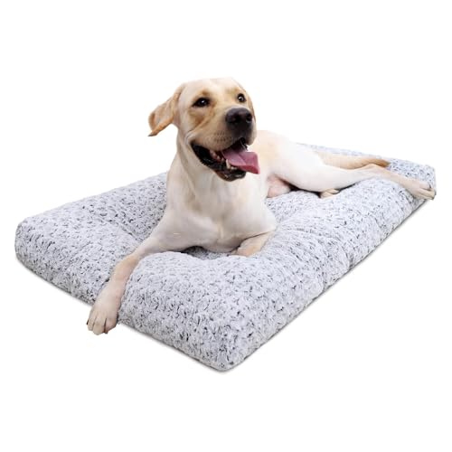 Washable Dog Bed Deluxe Plush Dog Crate Beds Comfy Kennel Pad Anti-Slip Pet Sleeping Mat for Large, Jumbo, Medium, Small Dogs Breeds, 35 x 23, Gray