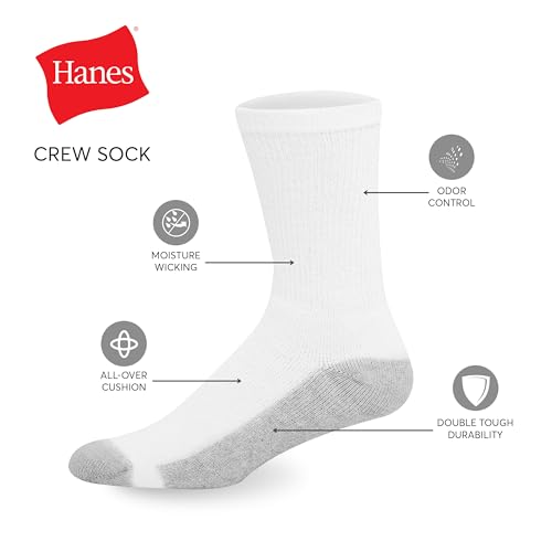 Mens Double Tough Socks, 12-pair Pack Crew Socks, White/Grey Foot Bottom, 6-12