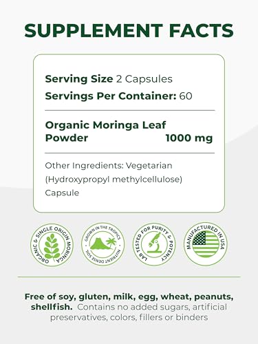 Capsules Single Origin Moringa Powder Organic. Moringa Leaf. Energy, Metabolism, & Immune Support. 120ct. 500mg Caps.