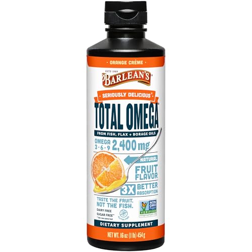 Total Omega 3 Fish Oil Liquid Supplement, Orange Crème Flavored with Borage and Flaxseed Oils, 2,400 mg of Omegas 3 6 9 EPA and DHA Plus GLA, 16 oz