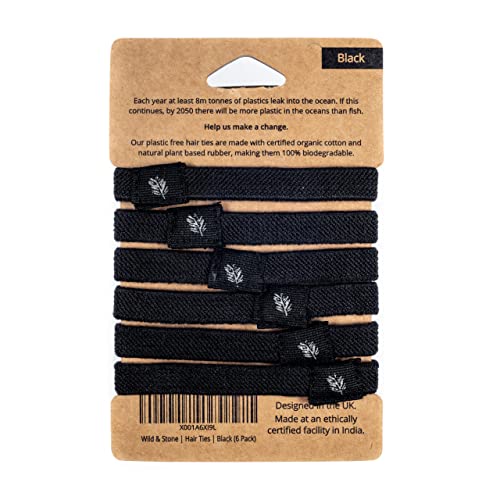 Wild &amp; Stone | Pack of 6 Hair Bands | 100% Biodegradable and Plastic-Free Elastic Hair Ties | 100% Organic Cotton and Natural Plant-Based Rubber | No Crease Ponytail Holder (Black)