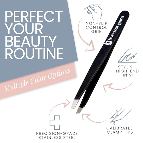 Tweezer Guru Tweezers for Women - Slant Pointed Precision Tweezers for Eyebrows &amp; Ingrown Hair Removal - Blackhead and Splinter Tweezer with Sharp Needle Nose Point for Plucking (Black)