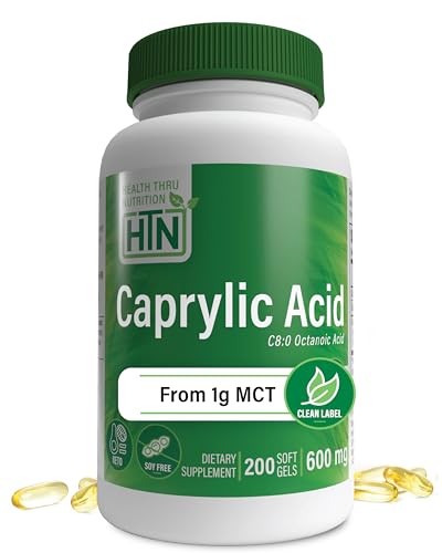 Caprylic Acid 600mg 200 Softgels | C8 Octanoic Acid from Pure 1g MCT Oil | Non-GMO &amp; Soy Free | Support Healthy Digestive and Intestinal Health | Keto Friendly