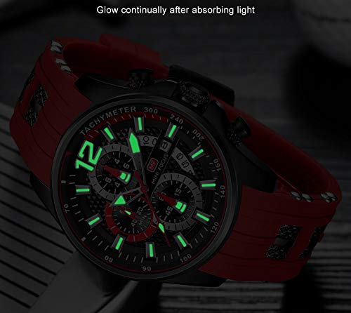 Watches for Men Stylish Analog Quartz Chronograph Military Waterproof Luminous Big Face Mens Watch Business Work Casual Fashion Dress Red Silicon Strap Men&#39;s Wrist Watches Elegant Gift for Men