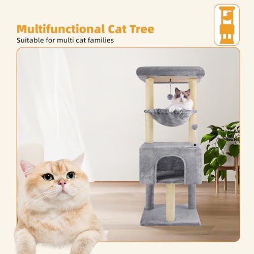 ROYPET Multi-Level Cat Tree for Indoor Cats, Cat Tree Tower with Big Condo, Cat Tower with Cat Hammock, Indoor Climbing Activity Tower with Scratching Posts, Small Space, Grey