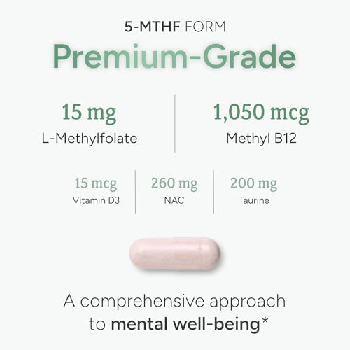 L-Methylfolate 15mg plus Methyl B12, D3, Taurine &amp; NAC | 5-MTHF (Bioactive B9) Premium-Grade | Methylated Vitamins to Support Mood, Nerve Health &amp; Methylation* | Methylfolate Supplement | 60 Capsules