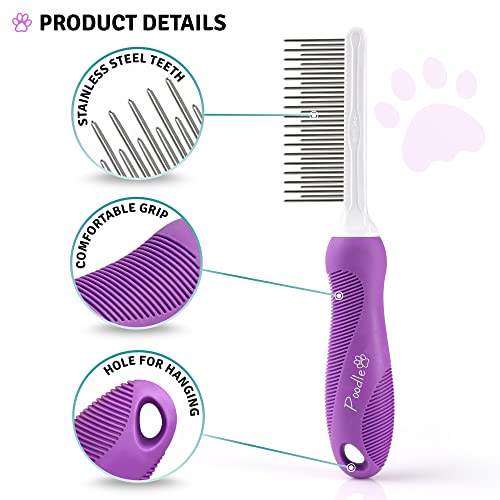 Poodle Pet Detangling Pet Comb with Long & Short Stainless Steel Teeth for Removing Matted Fur, Knots & Tangles – Detangler Tool Accessories for Safe & Gentle DIY Dog & Cat Grooming