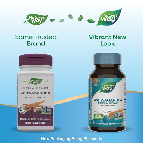 Nature&#39;s Way Ashwagandha, Reduces Stress*, Premium Extract, Adaptogenic*, Non-GMO Project Verified, Vegan, 60 Capsules (Packaging May Vary)