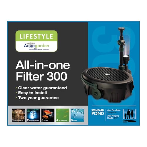 Pennington , Inpond 5 in 1 Pond & Water Pump, Filter, UV Clarifier, LED Spotlight and Fountain, All in One solution for a Clean, Clear, and Beautiful pond, for Ponds up to 300 Gallons