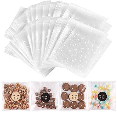 NPLUX 200PACK Self Sealing Cellophane Bags Cookie Bags for Gift Giving Clear Treat Bags with Stickers(White Polka Dot,5.5x5.5 INCH)
