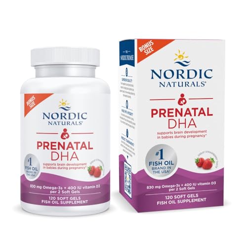 Prenatal DHA, Strawberry - 120 Soft Gels - 830 mg Omega-3 + 400 IU Vitamin D3 - Supports Brain Development in Babies During Pregnancy & Lactation - Non-GMO - 60 Servings