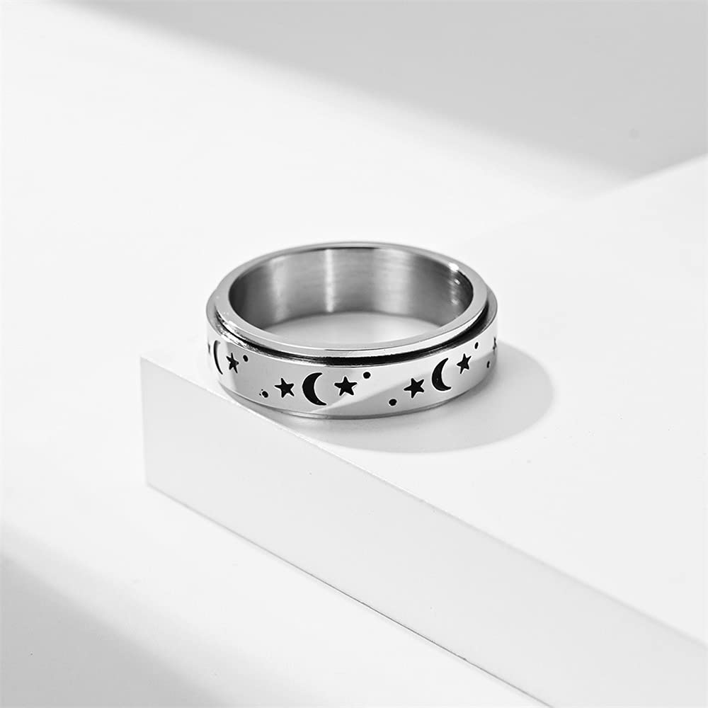 Black Moon Star Rotatable Titanium Stainless Steel Fidget Band Rings for Women Men Dainty Anti Anxiety Stress Relief Spinner Rings Minimalist Statement Promise Couple Rings for Boyfriend Girlfriend Son Daughter Christmas New Year Gifts (6mm Silver, 8)
