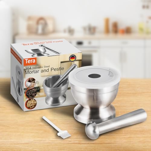 18/8 Stainless Steel Mortar and Pestle with Brush,Pill Crusher,Spice Grinder,Herb Bowl,Pesto Powder