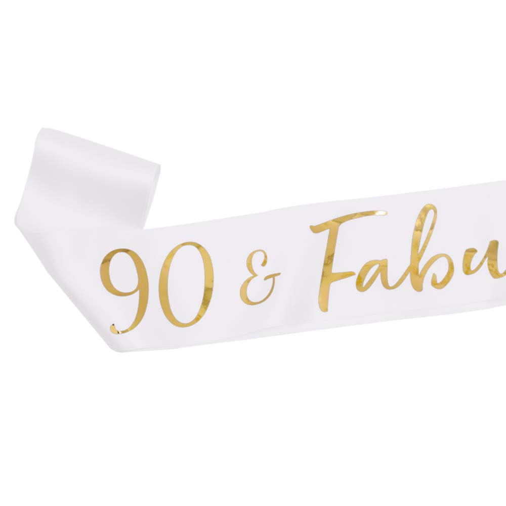 90 and Fabulous Satin Sash - 90th Birthday Sash 90 Birthday Gifts Party Favors, Supplies and Decorations (White)