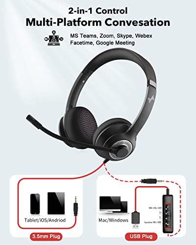 EAGLEND USB Headset with Mic for PC, On-Ear Computer Laptop Headphones with Noise Cancelling Microphone in-line Control for Home Office Online Class Skype Zoom (USB+3.5mm, Black)
