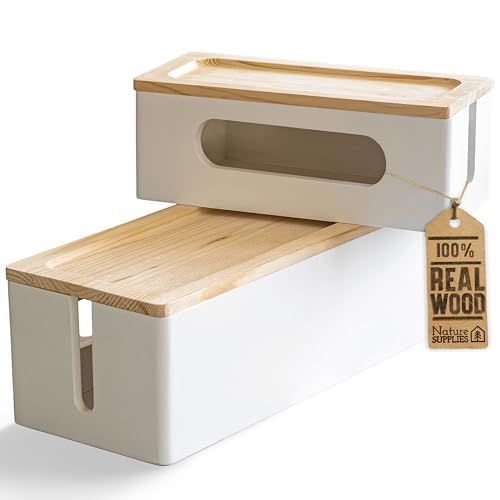 | Wood Cable Management Box White [Set of Two] Large &amp; Medium Cord Organizer Box Set to Hide Wires &amp; Power Strips | Cable Storage Box | TV, Desk, Computer, Router Cord Organization