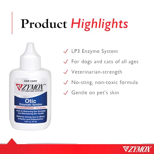 Otic Enzymatic Solution for Dogs and Cats to Soothe Ear Infections with 1% Hydrocortisone for Itch Relief, 1.25oz