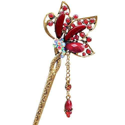 Fashion Long Hair Decor Chinese Traditional Style Women Girls Hair Stick Hairpin Hair Making Accessory with Butterfly, Red