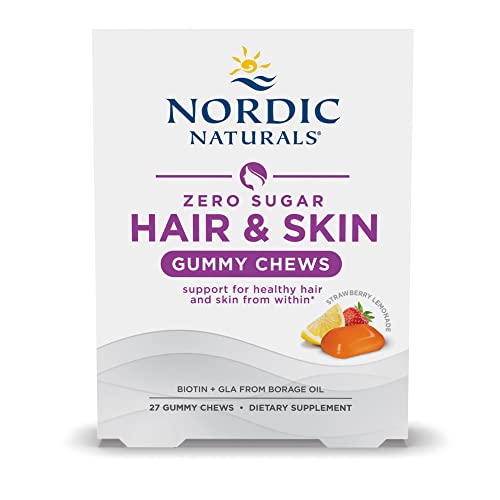 Zero Sugar Hair &amp; Skin Gummy Chews, Strawberry Lemonade - 27 Gummy Chews - Biotin + GLA from Borage Oil - Promotes Healthy Balance of Fats in Skin - Non-GMO - 27 Servings