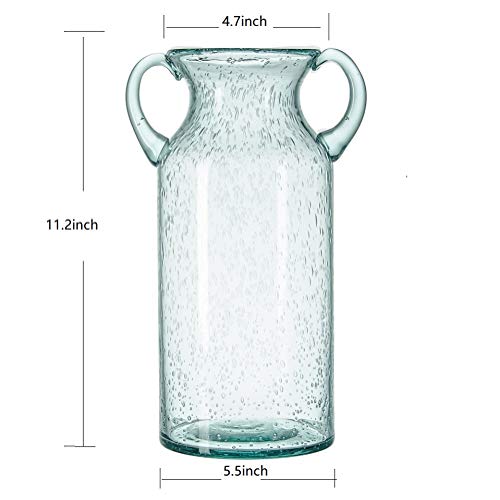 Flower Vase Glass Elegant Double Ear Decorative Handmade Air Bubbles Bluish Color Glass Vase for Centerpiece Home Decor (Large)