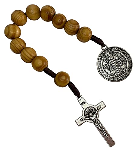Saint Benedict Medal Prayer Pocket Rosary Catholic Brown Wood Beads San Benito Tenner Open Style One Decade Rosary